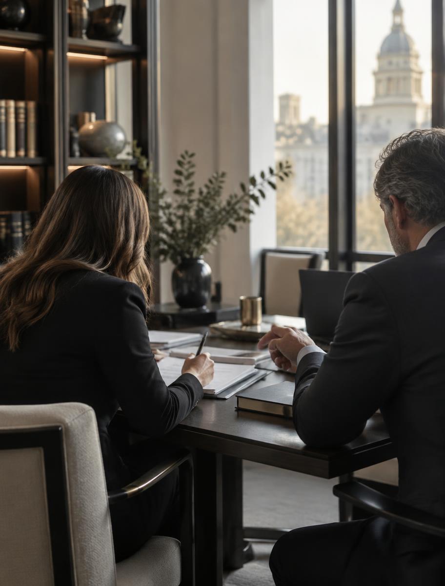 A professional legal consultation around a table